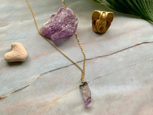 Raw Amethyst Gemstone Healing Crystal Gold Filled Pendant Necklace 0.2