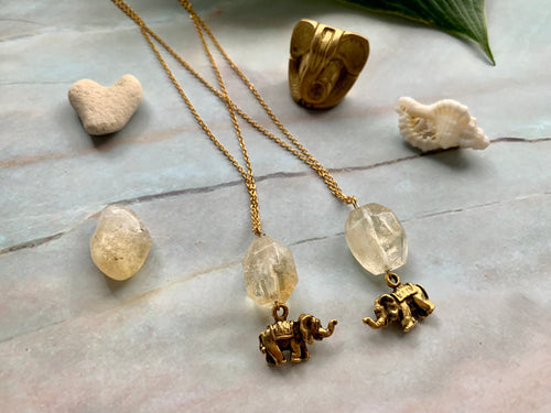 Citrine Healing Crystal Gemstone & Elephant Antique Gold Charm Necklace