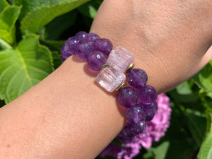 10mm Faceted Amethyst and Raw Lavender Kunzite Healing Crystal Bracelet